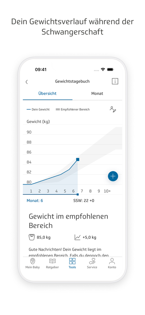 Screenshot einer mobilen App, der ein Gewichtstracking-Diagramm für die Schwangerschaft und ein Gewichtstagebuch mit empfohlenen Bereichen zeigt.