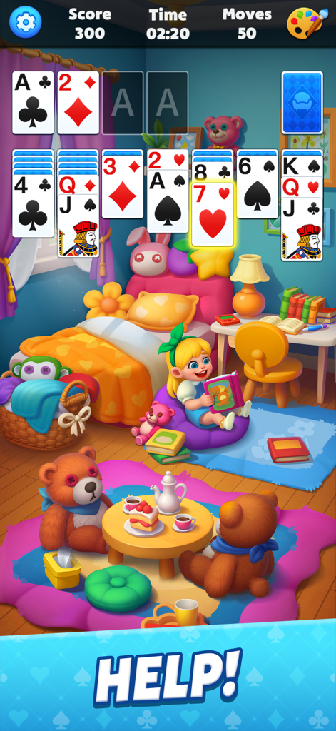 Solitaire Story - Classic solitaire card game overlay on a colorful cartoon bedroom scene with a girl and stuffed animals