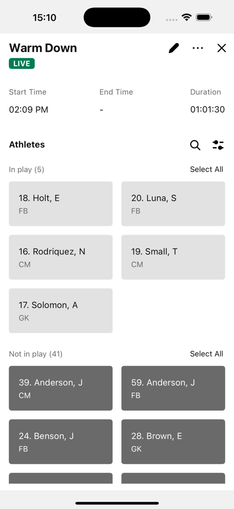 Catapult Vector - Catapult Vector app screen displaying live athlete status management during a warm down session.