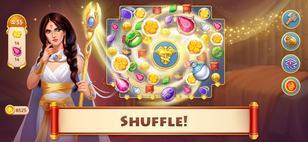 Egyptian character standing next to a match 3 puzzle board showing the shuffle effect in Cradle of Empires