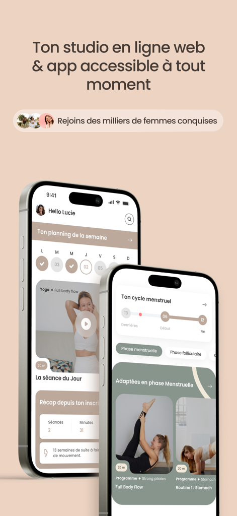 BBA Studio - Deux iPhones affichant l'interface de l'application BBA Studio montrant la planification des entraînements et les fonctionnalités de suivi du cycle menstruel.