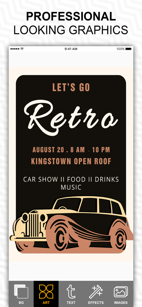 Fab Poster Maker Flyer Designs - Interfaz de la aplicación Fab Poster Maker que muestra el diseño de un folleto vintage para un desfile de coches.