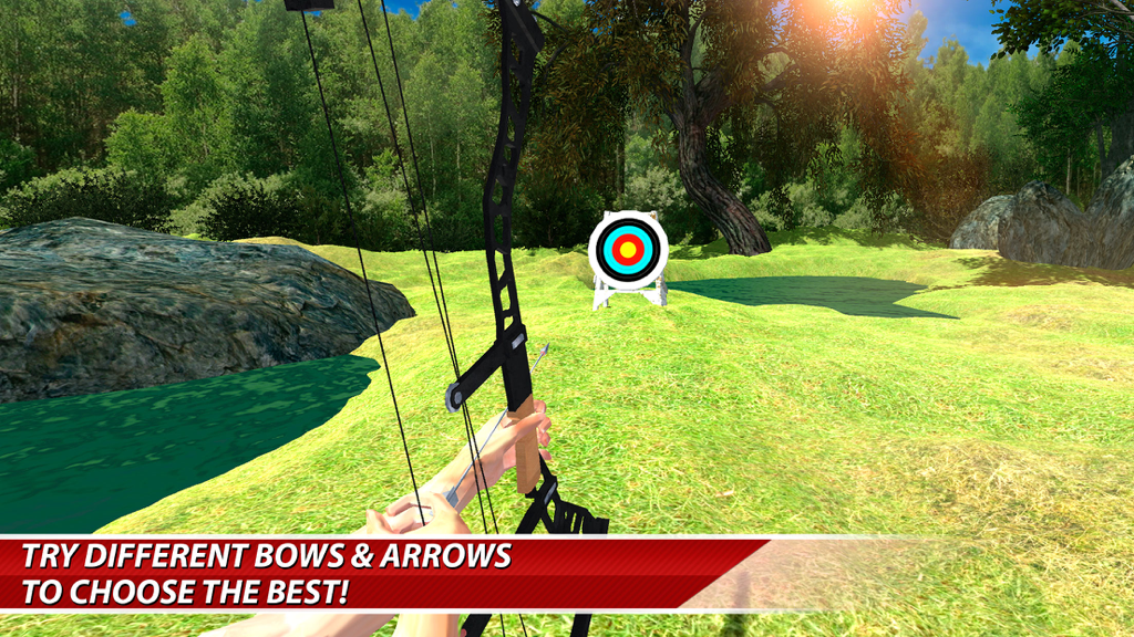 First-person view of an archer aiming a black compound bow at a bullseye target in a sunny forest