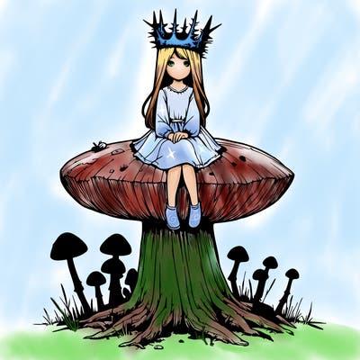 realistic girl sitting on a huge tree stump size toadstool with thorn crown