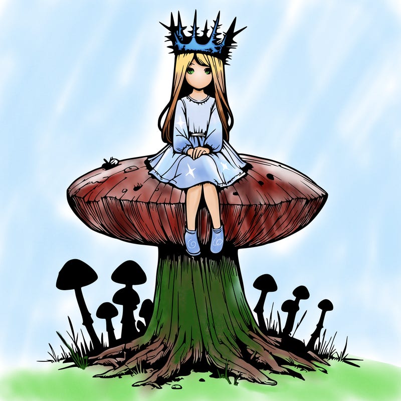 realistic girl sitting on a huge tree stump size toadstool with thorn crown