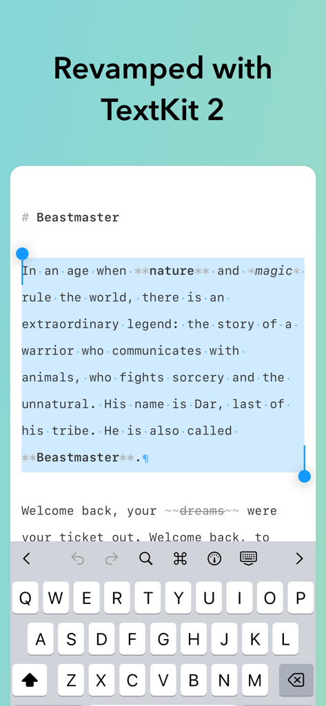 Interfaz de la aplicación iWriter 2 que muestra la selección de texto Markdown y el rendimiento renovado con TextKit 2.