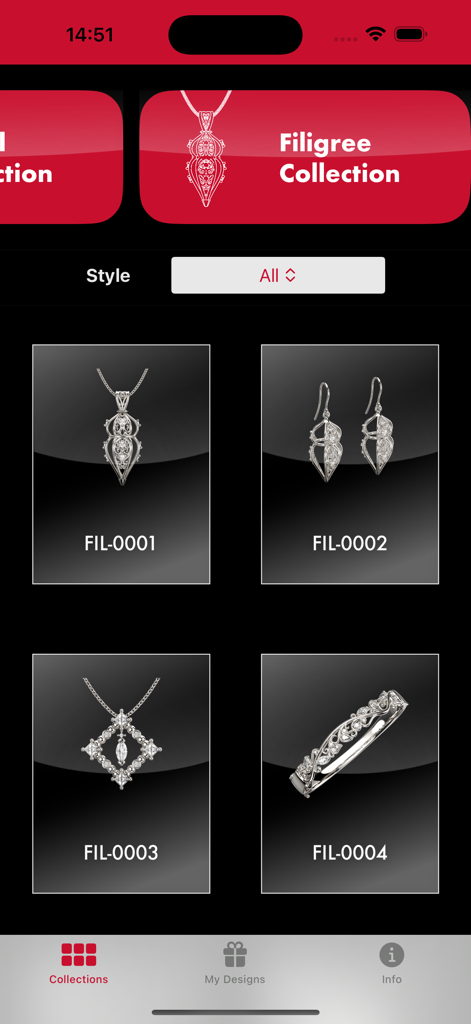 Ceric AR - The Ceric AR app screen showing a grid of jewelry items from the Filigree Collection including pendants, earrings, and rings.