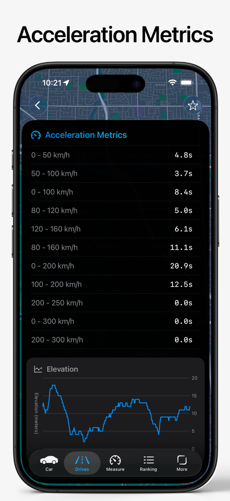 SpeedGPS - Drive & Measure - Exibição do aplicativo SpeedGPS com métricas de aceleração e gráfico de rastreamento de elevação