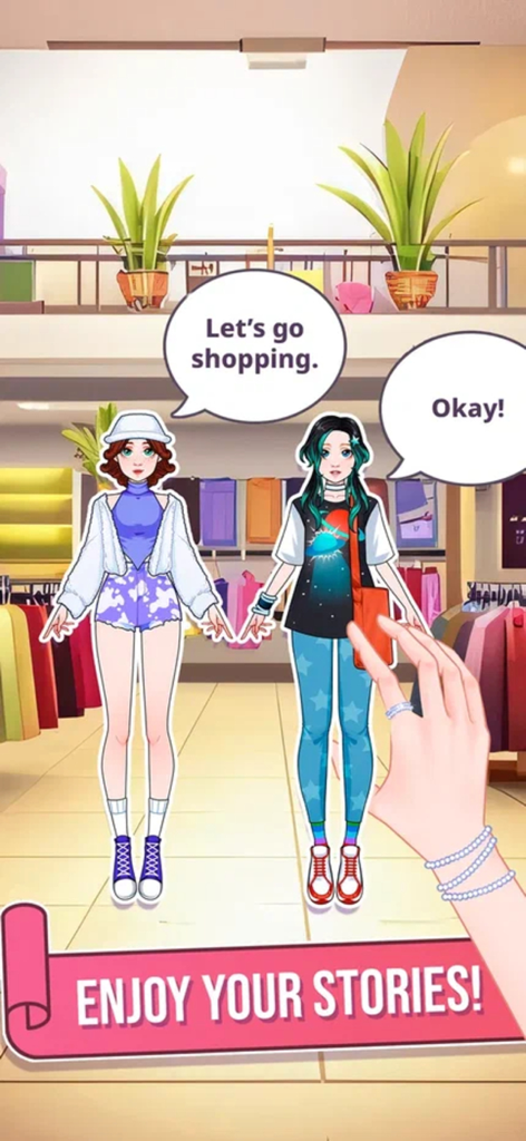 Two customized paper dolls in a clothing store with speech bubbles about shopping and a banner saying enjoy your stories.