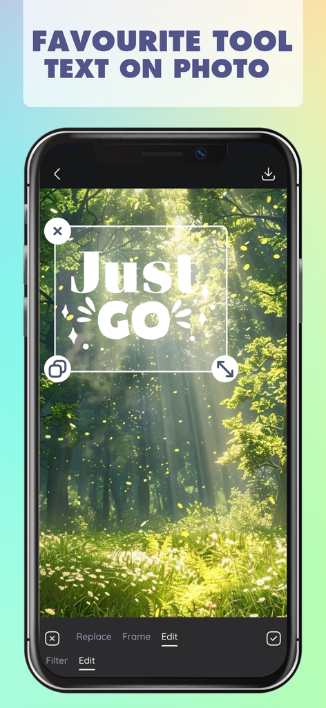 森の写真に美的「Just GO」のテキストオーバーレイが追加されたモバイルアプリインターフェース。