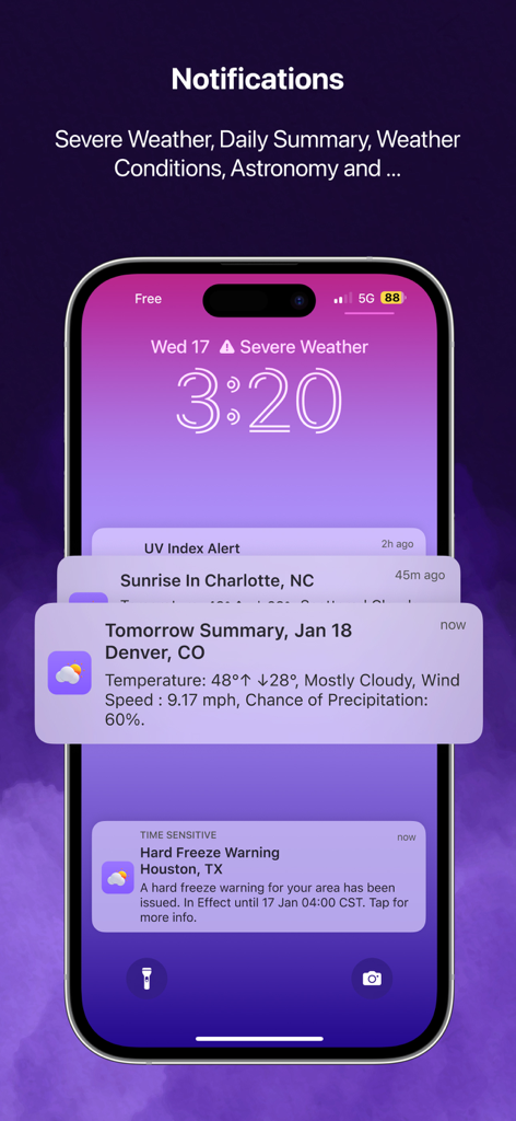 HeyWeather notifications on an iPhone lock screen showing severe weather alerts and daily summaries