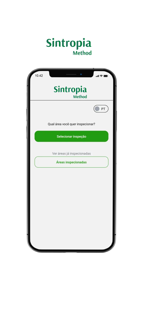 Sintropia - Sintropia Method mobile app home screen with buttons to select a new inspection or view previously inspected areas