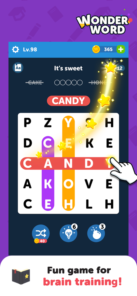Wonder Word: Word Search Games - Una captura de pantalla del juego móvil Wonder Word que muestra un nivel de puzzle de buscar palabras con una mano deslizando la palabra CANDY.