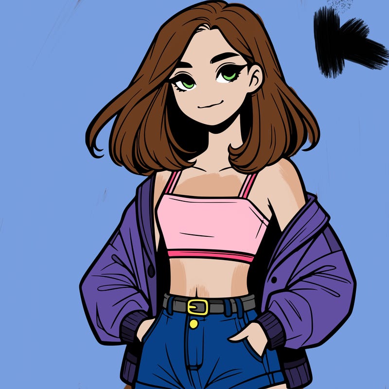 a realistic girl with a crop top and short shorts in an open jacket
