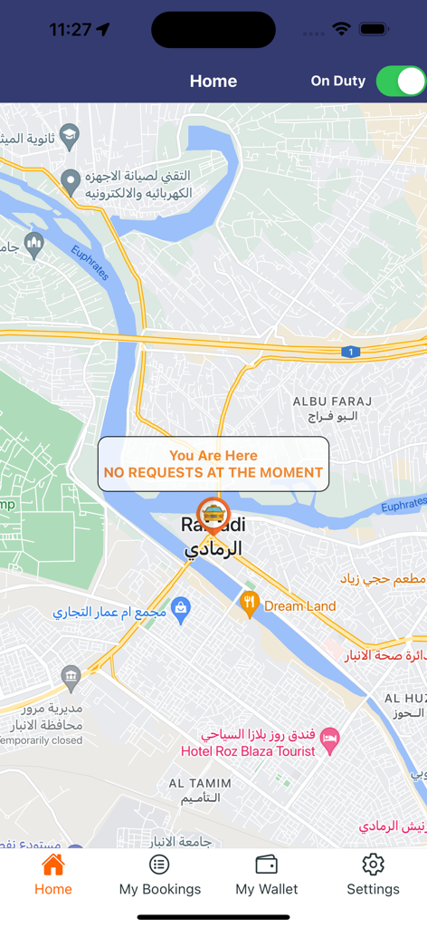 Besun - بيسان - Kartenoberfläche der Besun App, die den Standort eines Benutzers in Ramadi mit einem Navigationsmenü unten anzeigt.