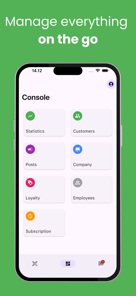 WinStamp Business - Consola del comerciante de la app WinStamp Business mostrando opciones de gestión para estadísticas, clientes y programas de fidelización