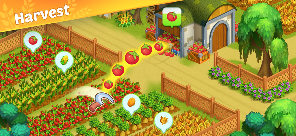 Dreamy Harvest: Farm Island - Harvesting ripe tomatoes and various crops on a lush island farm in Dreamy Harvest.