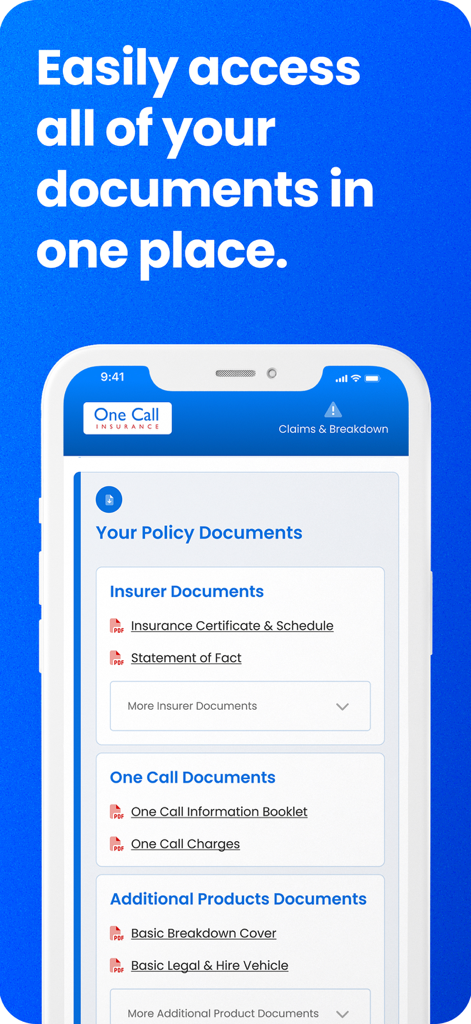 One Call Insurance - One Call Insurance app interface displaying organized policy documents and certificates