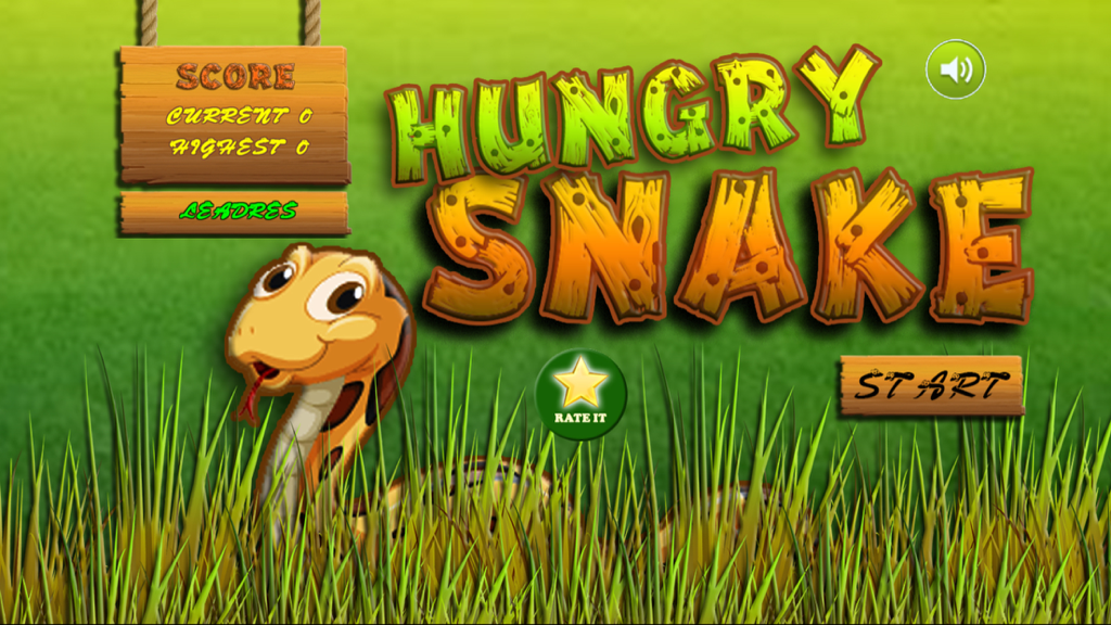 Pantalla del menú principal de Hungry Snake 2 con una serpiente de dibujos animados y botones de madera