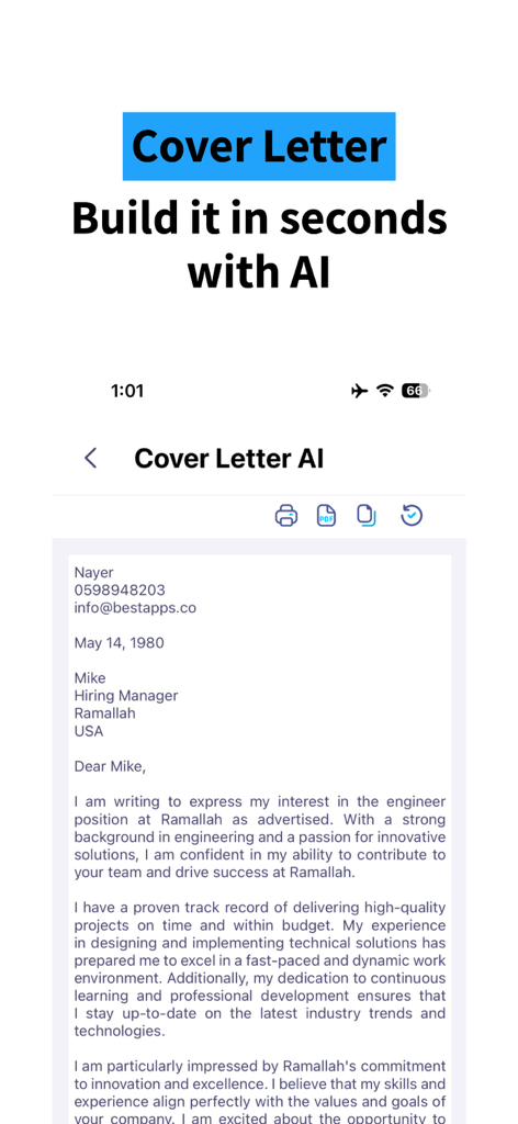 AI-powered cover letter builder interface showing a professional letter draft
