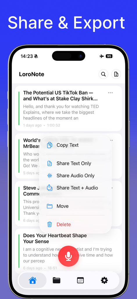 LoroNote - AI Transcribe - LoroNoteアプリのインターフェース。テキストのコピー、オーディオまたは文字起こしの共有オプションを表示。