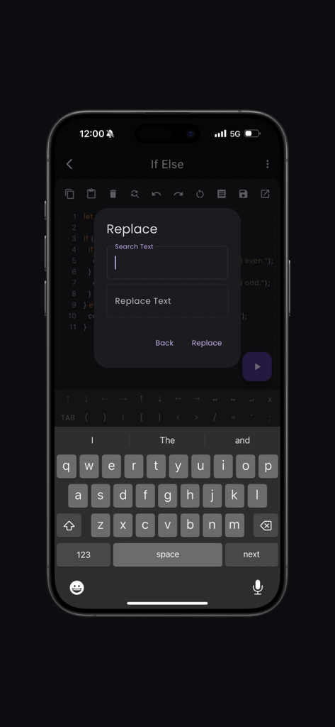 Interface de l'outil de recherche et remplacement dans l'application JavaScript Compiler Pro sur iPhone