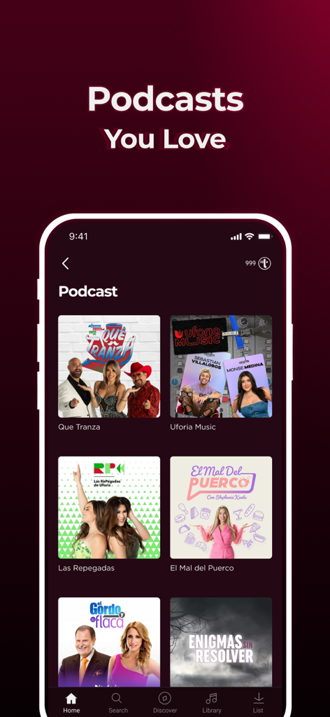Uforia by TREBEL app interface displaying a variety of Spanish language podcasts and shows