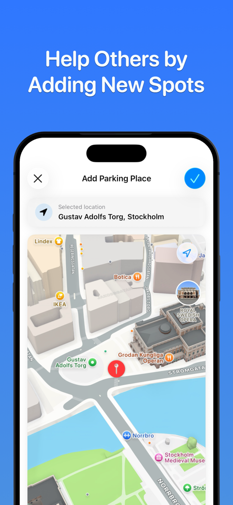 Handiplats - Interfaz de la aplicación Handiplats para añadir una nueva plaza de aparcamiento para minusválidos en un mapa de la ciudad