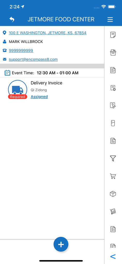 Screenshot of the Encompass Mobile App displaying delivery invoice details for a specific retailer including contact information and assigned driver.