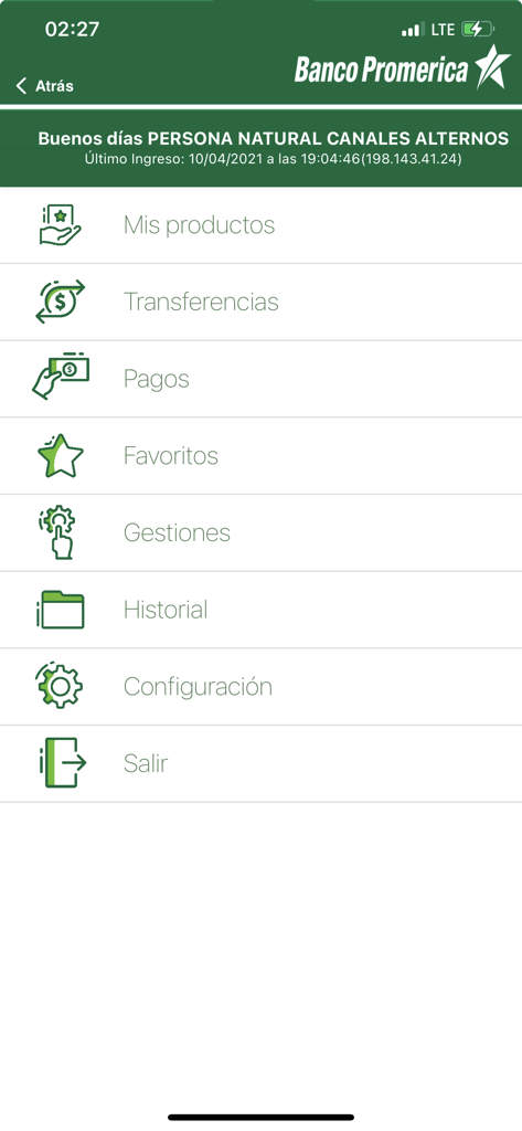 Main menu of the Banco Promerica Movil app showing options for transfers, payments, and account management