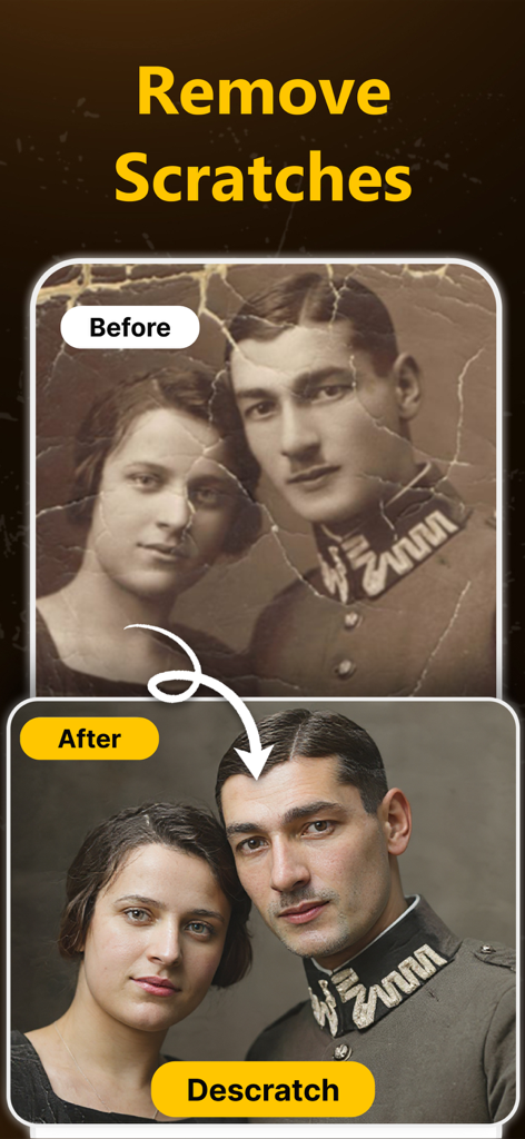 Nostalgia・Fix Old Photo&Repair - Before and after comparison of a vintage photo restoration showing scratch removal and colorization.