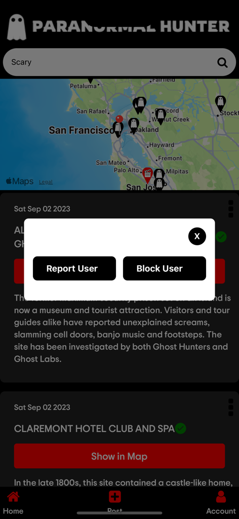 Paranormal Hunter - Paranormal Hunter map interface showing ghost sightings in the San Francisco area with a user moderation popup