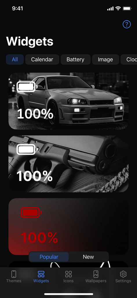 Selection of dark themed battery widgets in the Reskin app interface