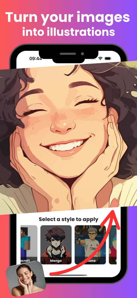 Cartoon Yourself - Toonify - Toonify app interface showing a photo of a woman transformed into a cartoon illustration with various art styles like Manga and Anime available for selection.