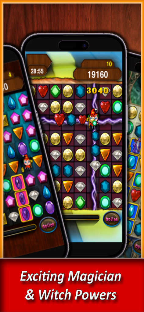 Swiped - Gameplay of Swiped mobile game showing colorful gem chains and magician special powers