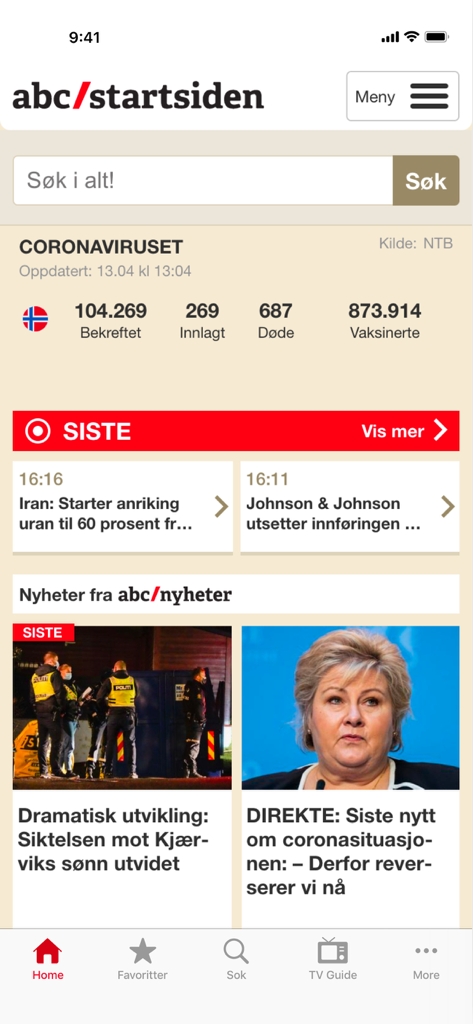 Startsiden - Écran d'accueil de l'application mobile Startsiden affichant des gros titres de nouvelles, une barre de recherche et un menu de navigation en norvégien