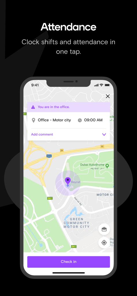 Bayzat app screenshot showing the attendance feature with a map view and a one-tap check-in button.