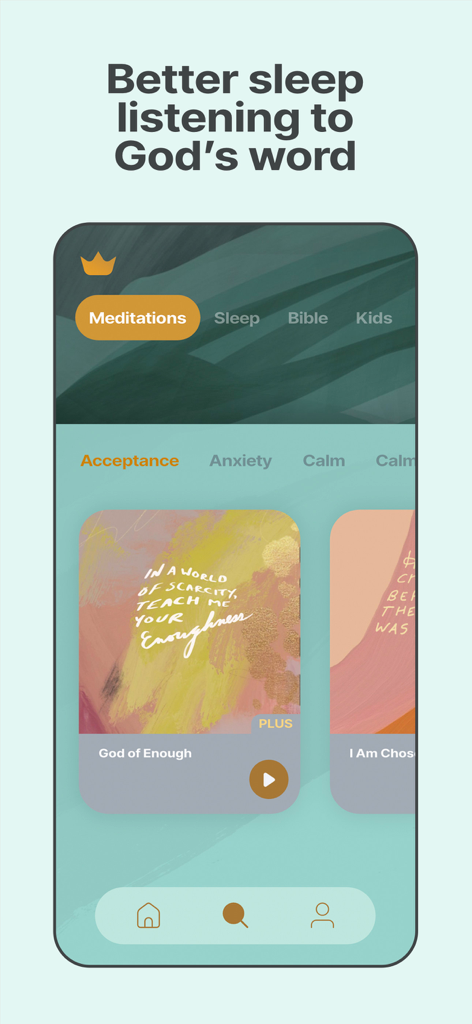 Soulspace app screen showing Christian meditation categories and sleep prayer options with the headline Better sleep listening to Gods word