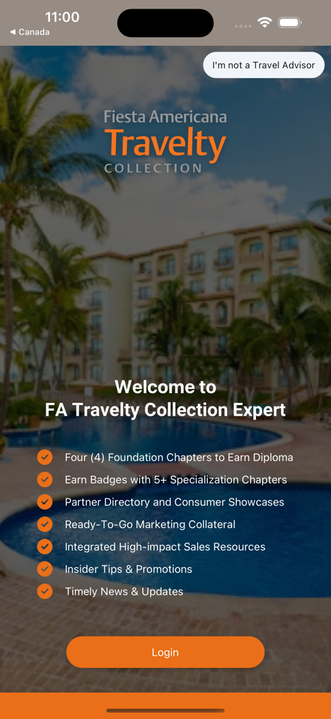 FA Travelty Collection Expert - Pantalla de bienvenida de la aplicación Experto en la Colección FA Travelty mostrando funciones como recursos de ventas y módulos de capacitación para asesores de viajes