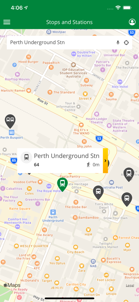 Transperth mobile app interface showing a map with public transport stops and stations in Perth.