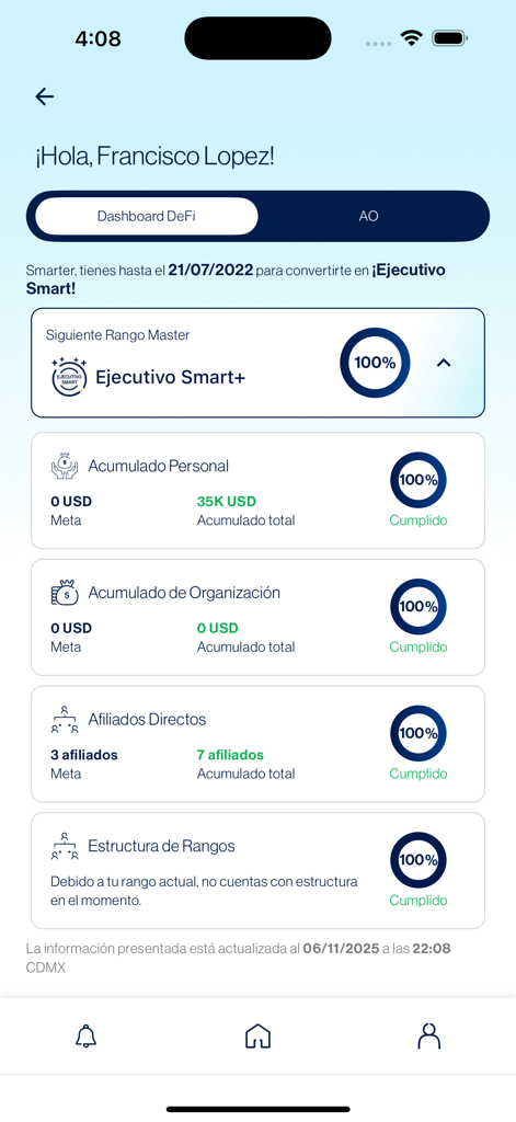 Smart+ Go - A mobile dashboard from the Smart Plus Go app showing a user's progress toward financial goals and rank achievements with circular charts