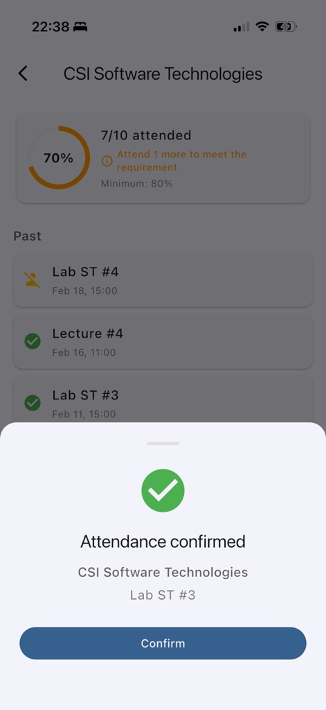 Eventor Play - A confirmation screen in the Eventor Play app showing a successful event check in and an attendance tracking dashboard.
