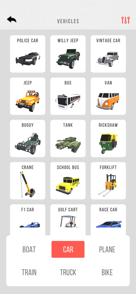 Zolly - Perspective Models - Ein Menü in der Zolly-App, das verschiedene 3D-Fahrzeugmodelle für das Üben von Perspektivzeichnungen anzeigt