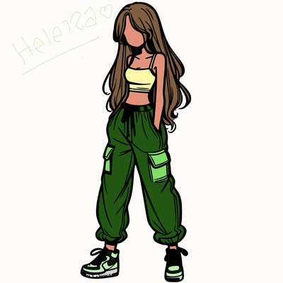 girl in baggy pants crop top and long hair