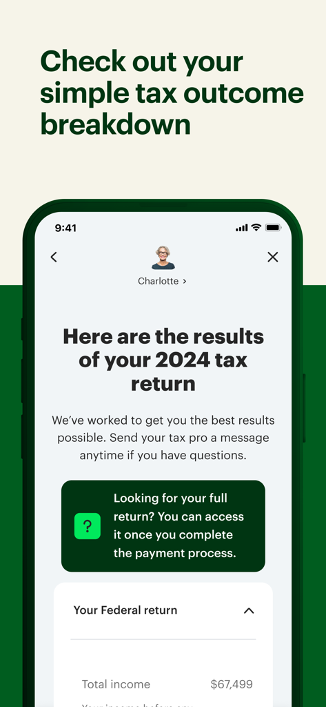 Screenshot of the MyBlock app showing a summary of 2024 tax return results and federal income breakdown.