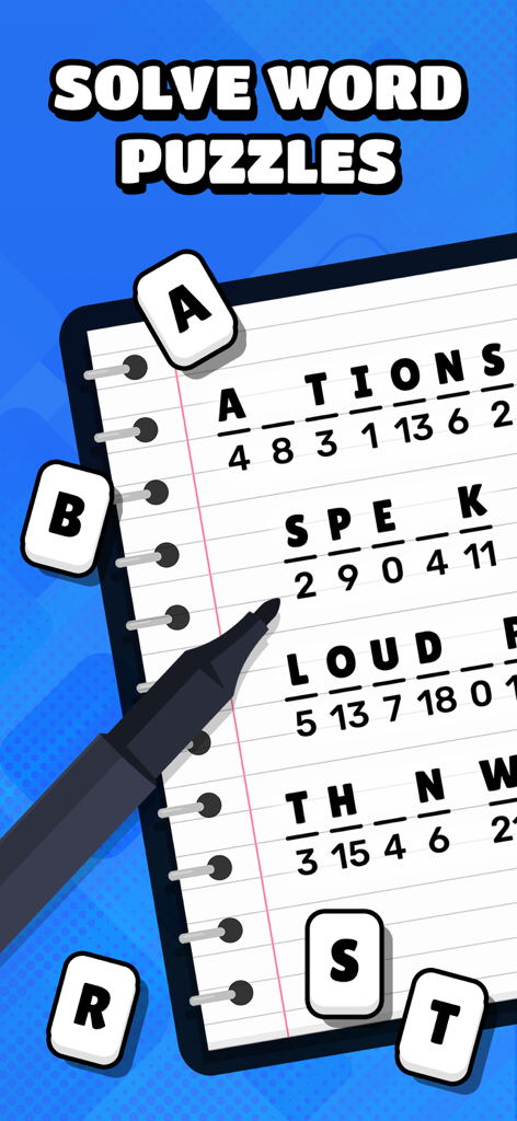 Interfaz del juego de puzles de palabras Cryptogram que muestra un cifrado de sustitución en un estilo de cuaderno.