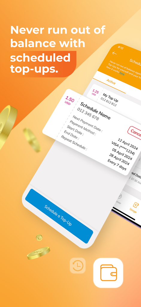 Cellcard app screen for managing scheduled mobile balance top-ups.