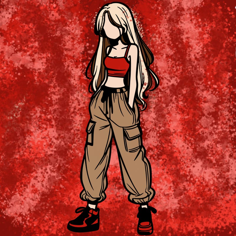 girl in baggy pants crop top and long hair