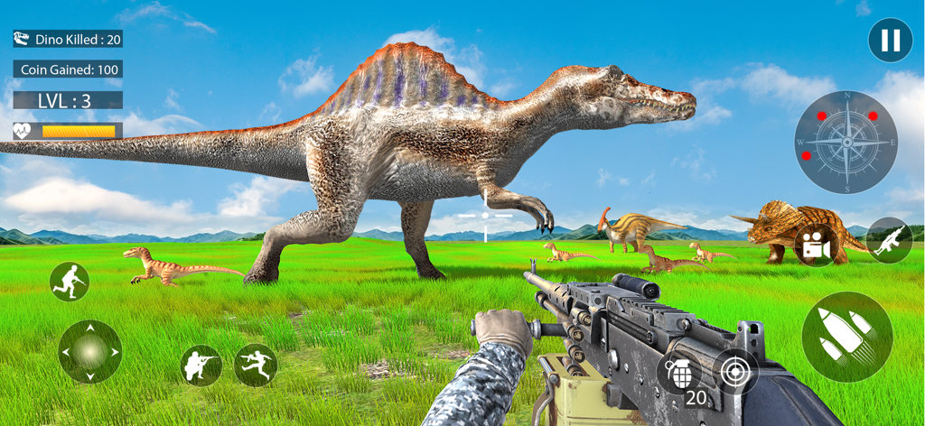 Dino hunter Deadly Monster - First person shooter gameplay showing a player aiming a machine gun at a large Spinosaurus in a grassy field.