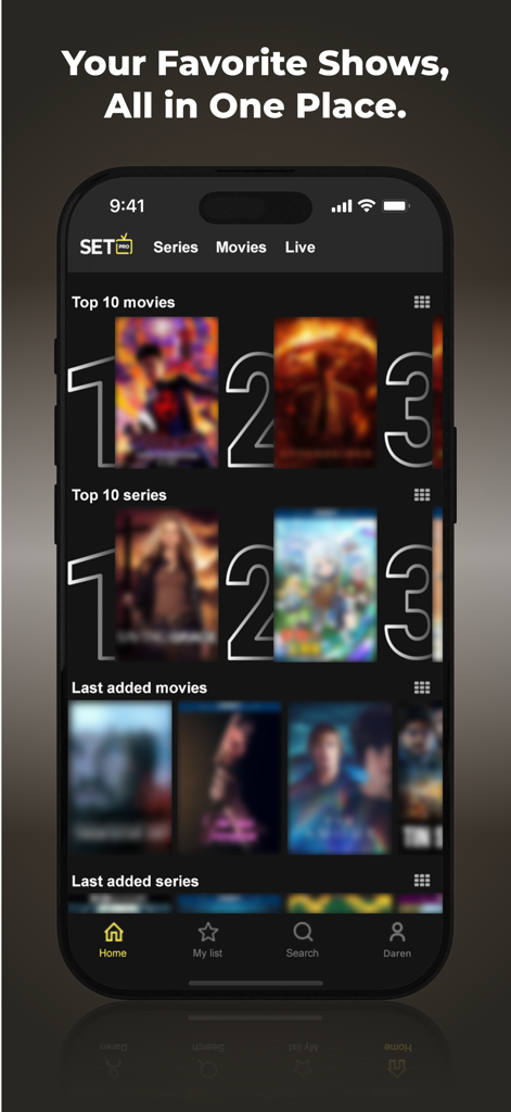 Setiptvpro - Startbildschirm der Setiptvpro Mobile App mit Kategorien für angesagte Filme und Serien in einem eleganten dunklen Design